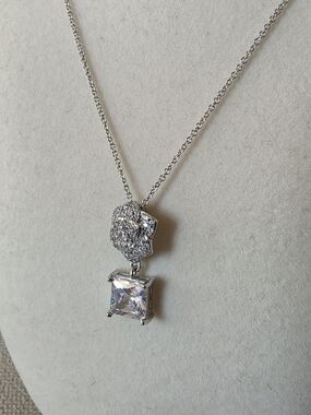 Silver Tone Pavé Flower CZ Pendant Necklace Princess Cut Crystal